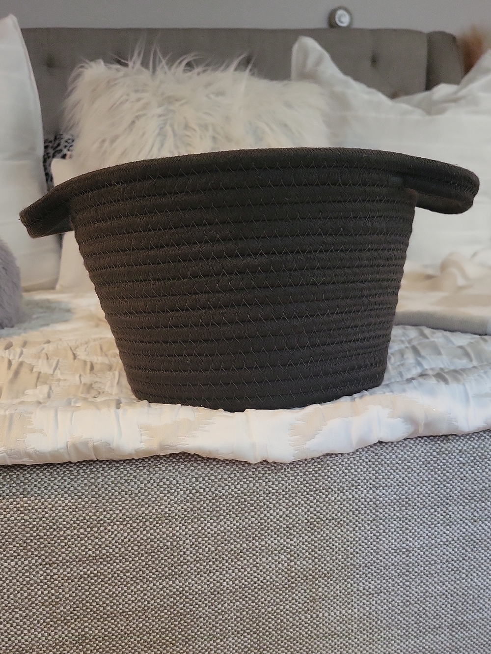 Adorable Small Gray Woven Fabric Storage Basket 🩶 Boho Farmhouse Fall